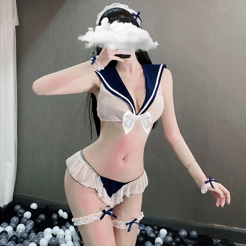 Sexy Lingerie Hot Erotic See Through Cosplay Student Costumes Kawaii Lace Top Panties For Women Sailor College Lady Outfit