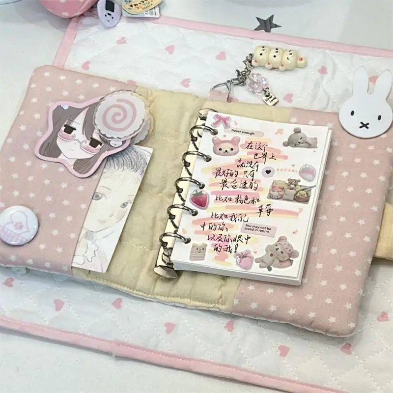 Miffy Kawaii Pink Star Quilted Fabric M5 Loose Leaf Notebook Snap Button Portable Refillable Hand Account Diary Planner