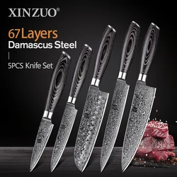 XINZUO 1pcs/5pcs Kitchen Knives Set 67Layer Damascus Steel Chef Cleaver Santoku Utility Paring Knife Pakkawood Handle