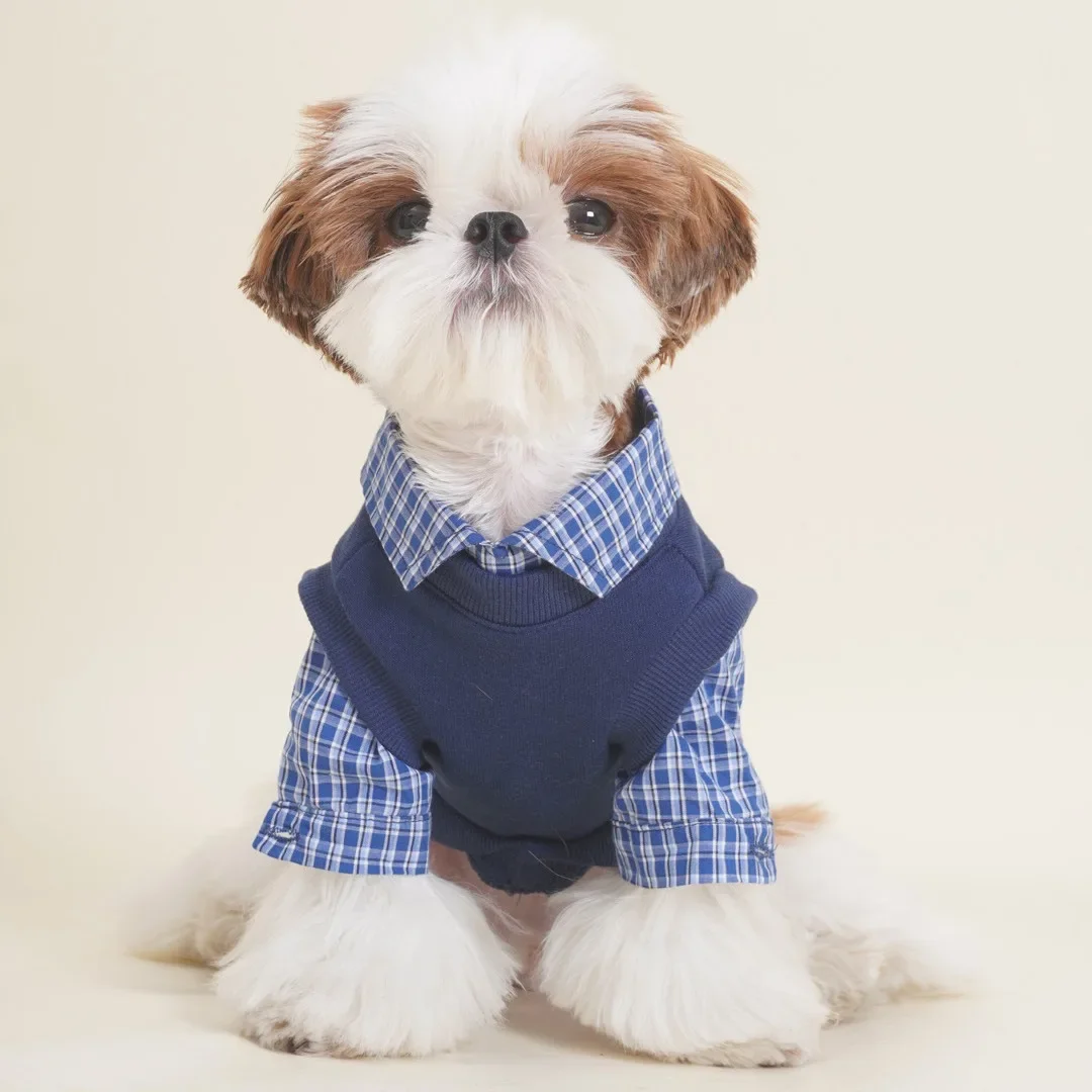 Pet Autumn and Winter Checkered Shirt Patchwork Hoodie, Schnauzer Bibi Bear Small Dog Cat Fake Two-piece Hoodie Puppy Clothes