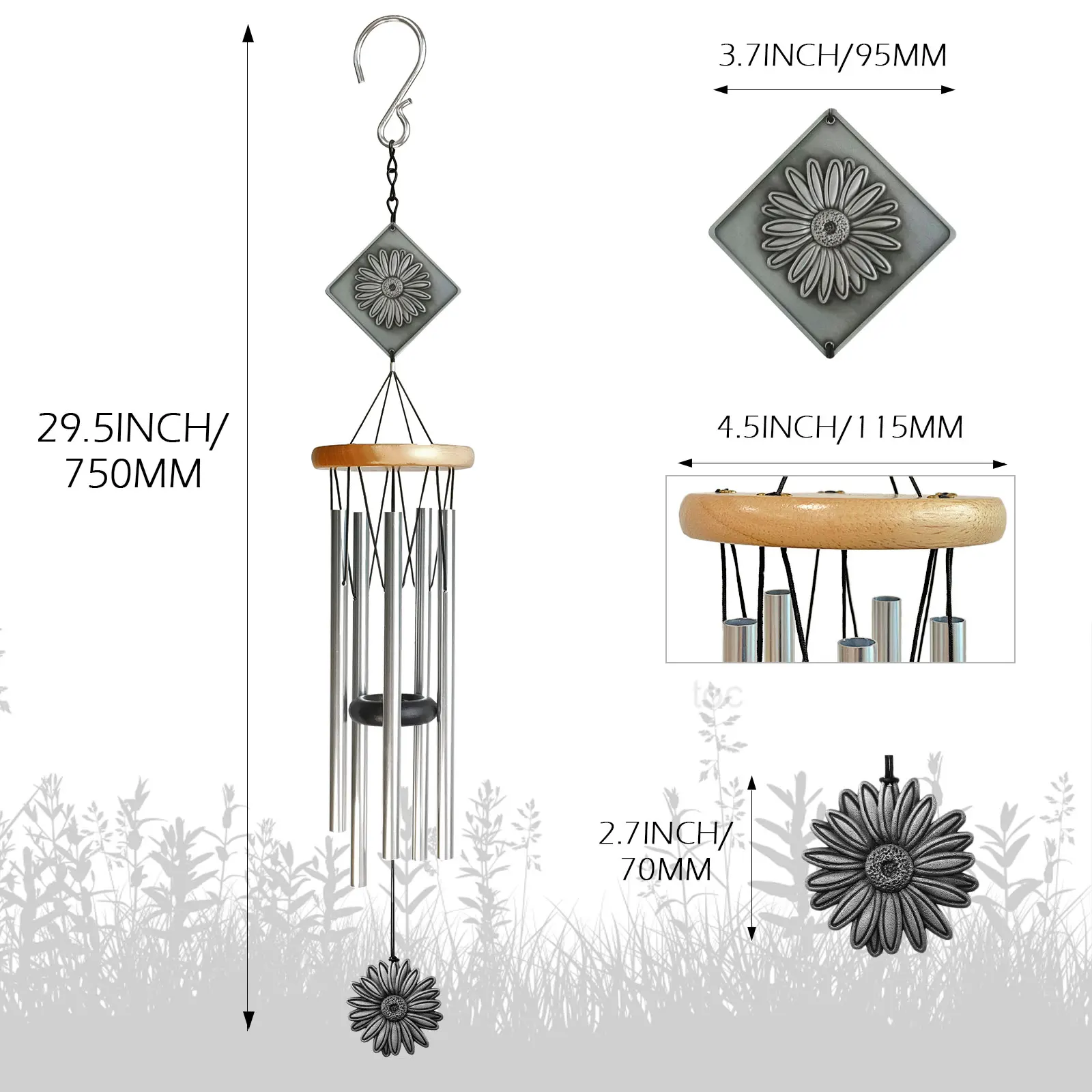 THEYUFA Daisy Wind chimes bright silver 29in(about 73.6 cm) commemorative wind chimes Garden patio decoration unisex gift