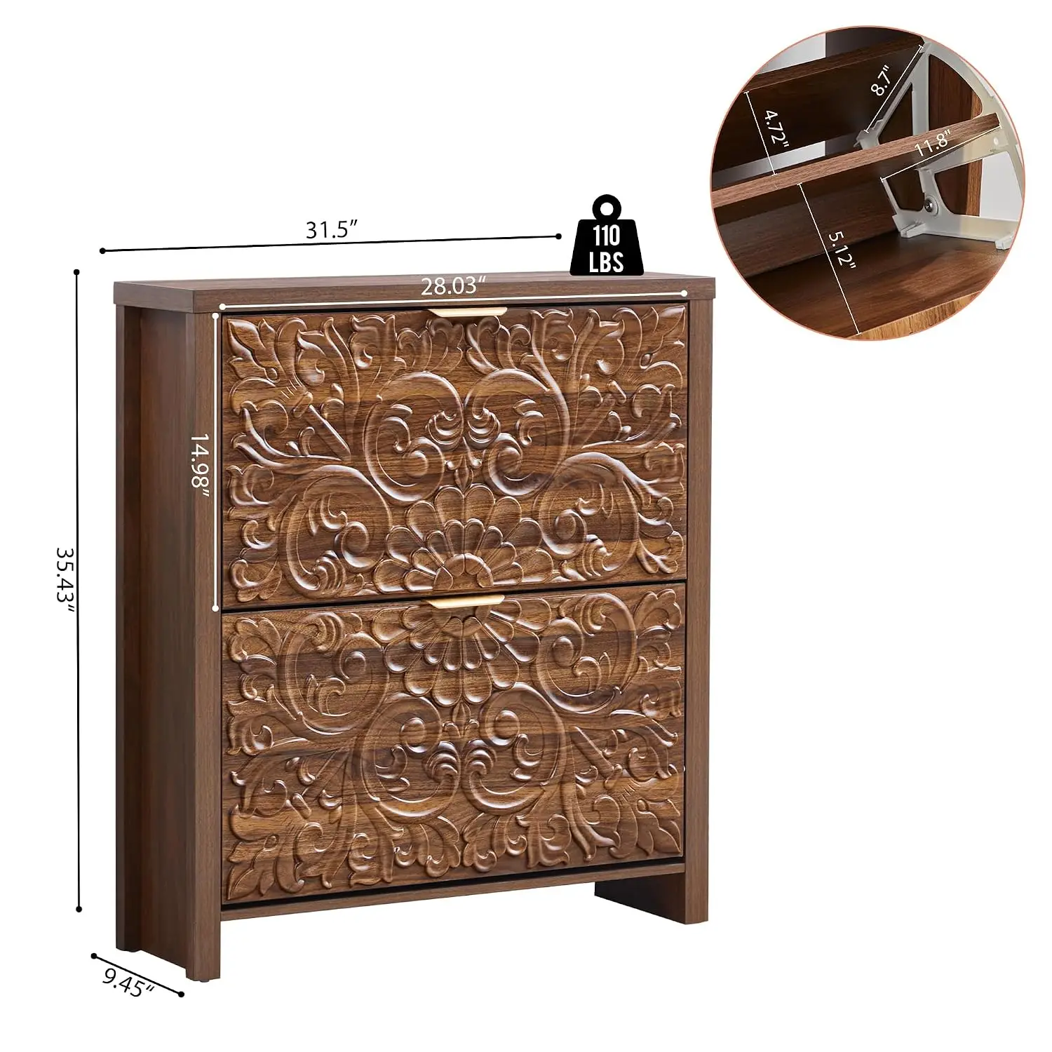 Shoe Cabinet with Flip Drawers, Narrow Shoe Storage Cabinet, 2-Tier Hidden Shoe Organizer with Carved Floral for, Customized