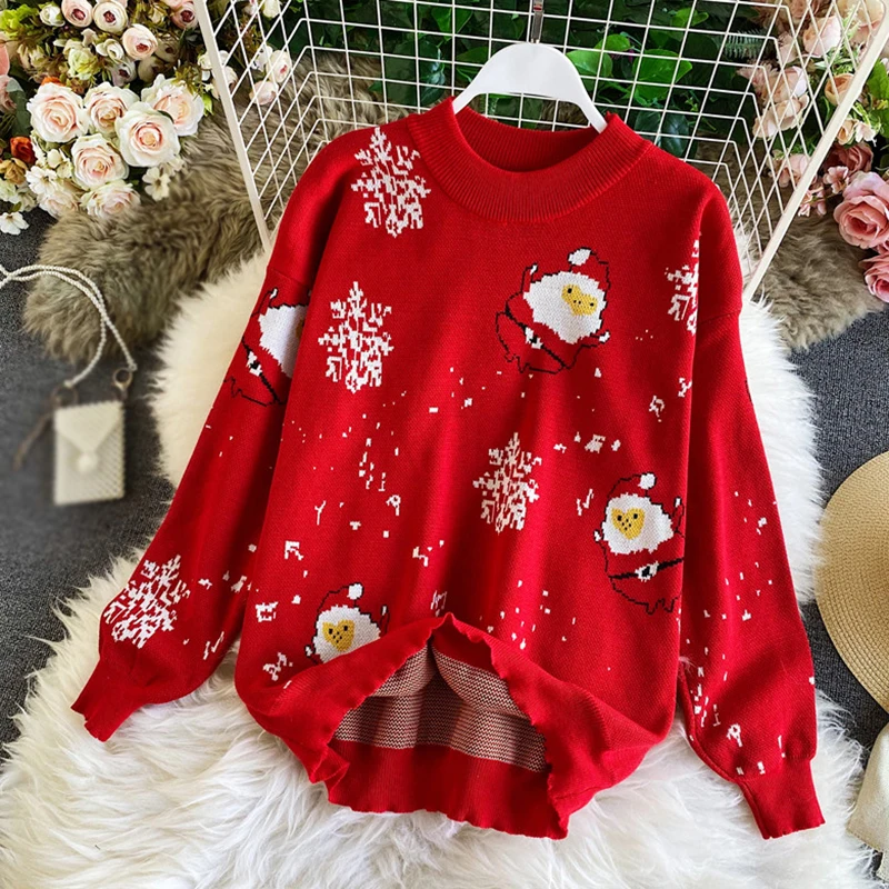 Women Winter Sweaters Couple Outfit Round Neck Knitted Thickened Loose Fitting Santa Claus Christmas Attire Pullover