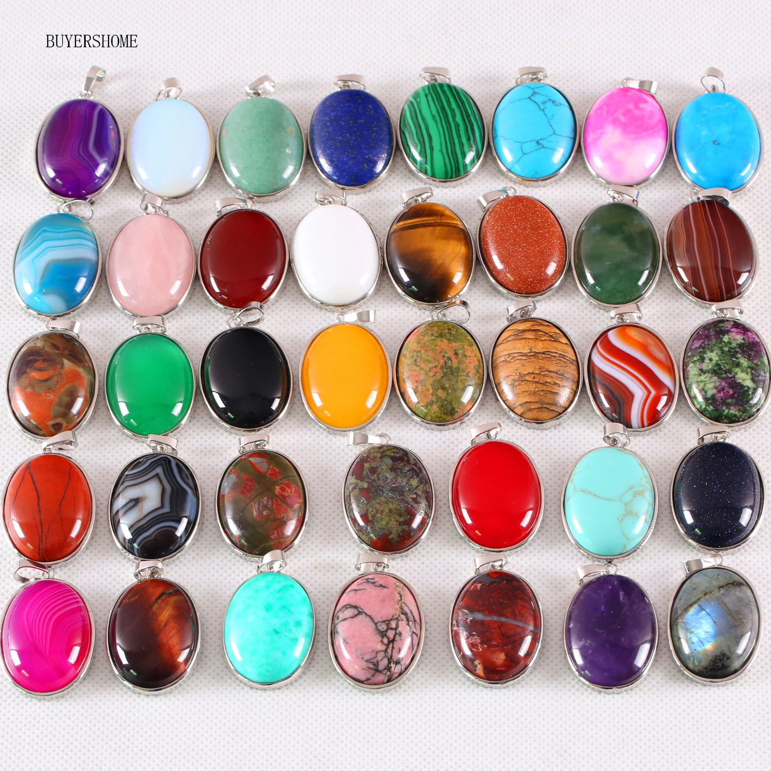 Pingente de Opala Oval de Pedra Natural para Mulheres e Homens, Colar de Quartzo com Malaquita Verde Real e Ônix Preto, Joia de Gema, Presente, Cabochão