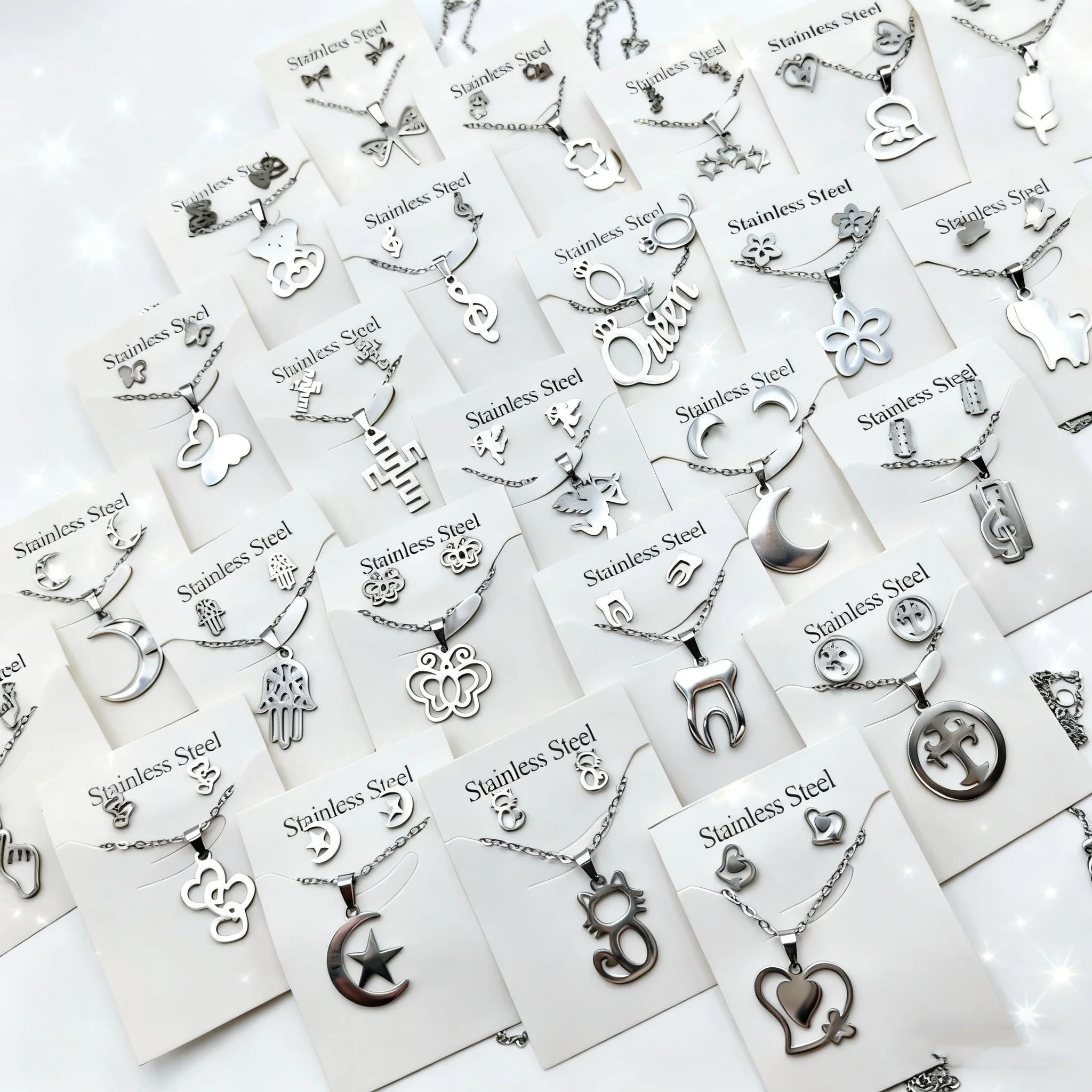 20 Sets of Random Silver Stainless Steel Necklace and Earring Sets, Various Styles of Butterflies and Animals, Women's Jewelry, Christmas Gifts for Loved Ones