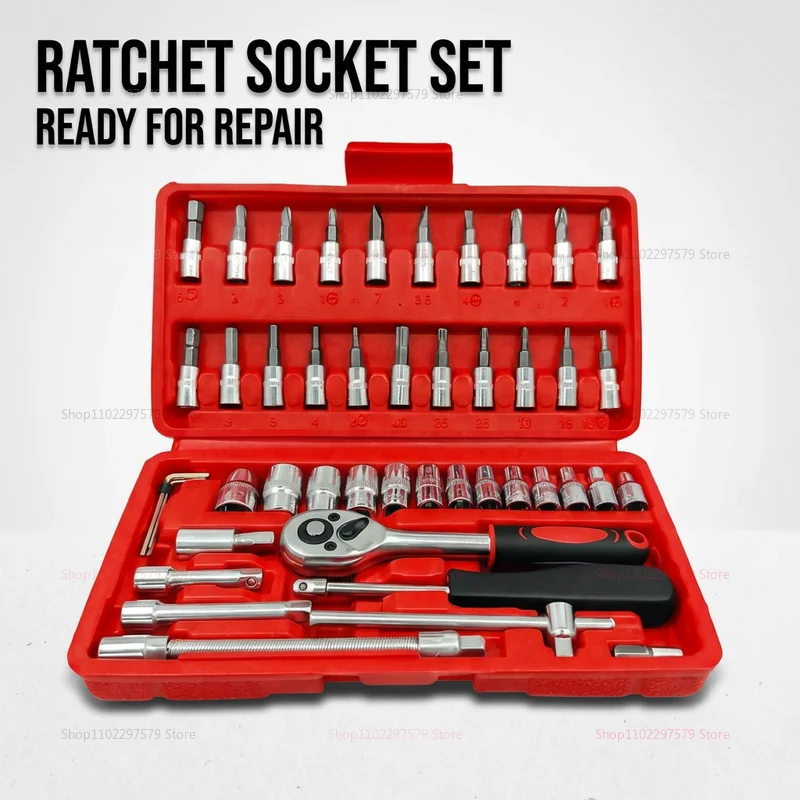 46pcs Car Repair Tool Set Professional Auto Motorcycle Ratchet Wrench Socket Kit for Garage Home Maintenance Mechanics