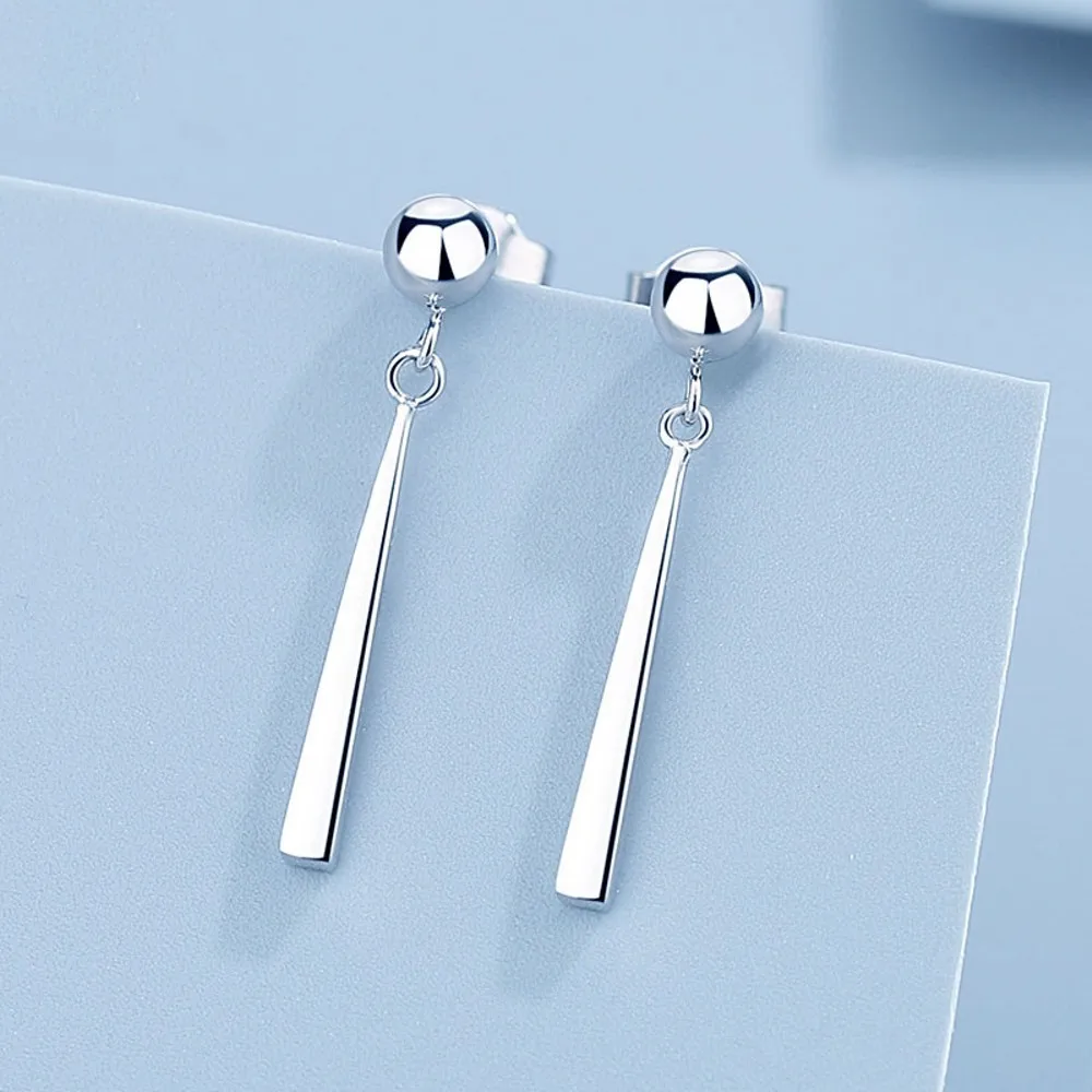 

PT950 Pure Platinum 950 Stud Women Gift Lucky Bead Long Stick Dangle Earrings 3-3.2g