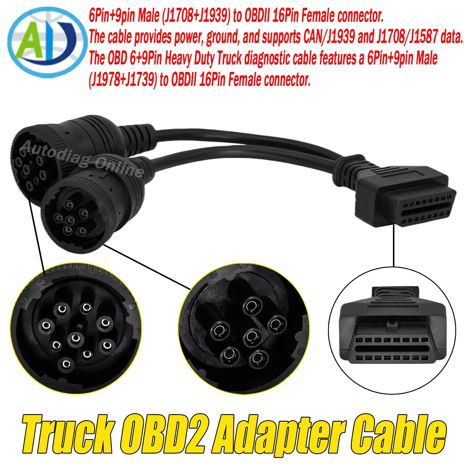 

For Trucks J1708 J1939 OBD Connector For Cummins 6Pin 9Pin to OBDII Diagnostic Cable For Volvo/VW/Deutsch/Freightliner/Kenworth