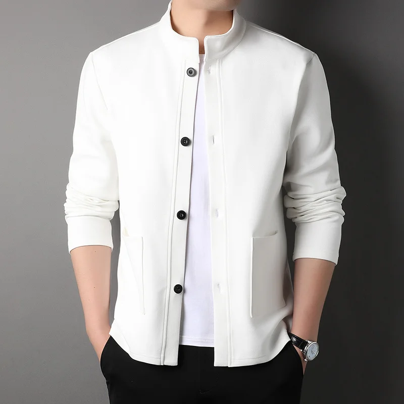 New Arrival Men\'s Solid Color Hoodless Cardigan with Single-breasted Button and Half-high Collar, Regular Fit Straight