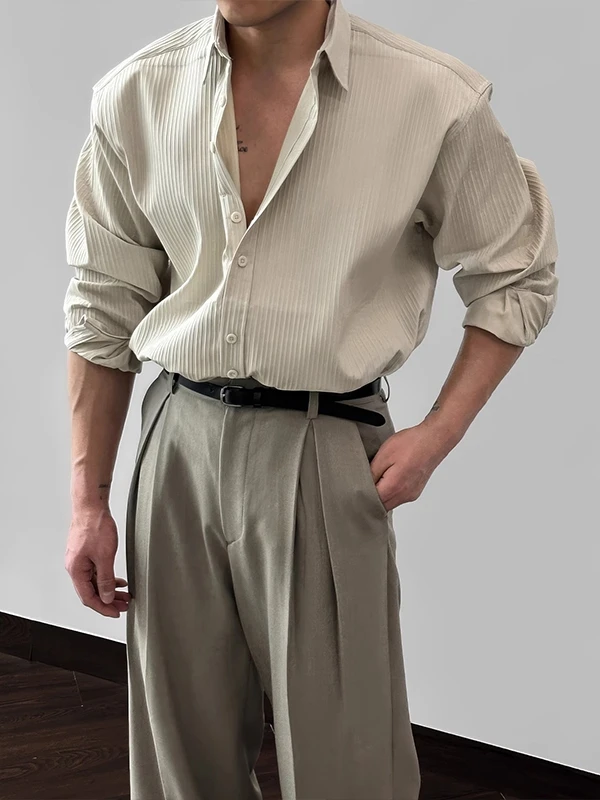 

Spring Autumn Long Sve Men's irt American Faion Busin Loose Fit Iron Free Vertical Stripe Texture Color