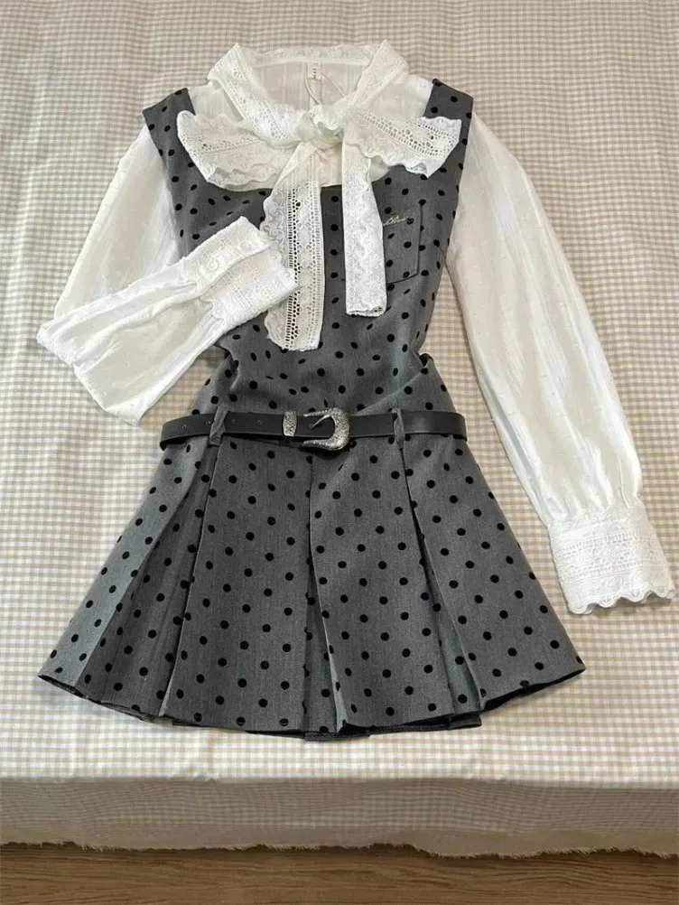 新しい甘いウェーブポイントシャーリングベストドレス女性のための + 弓レースアップ長袖 2025 秋シャツ女性ツーピースセット