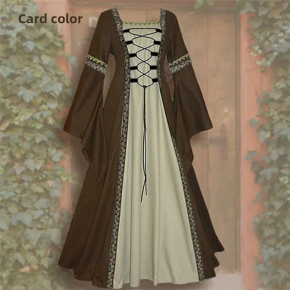 

Women's Gothic Retro Square Neck Long Sleeve Bell Sleeve Tie-up Lace Long Dress With Belt Cosplay Stage Performance Costume 2025