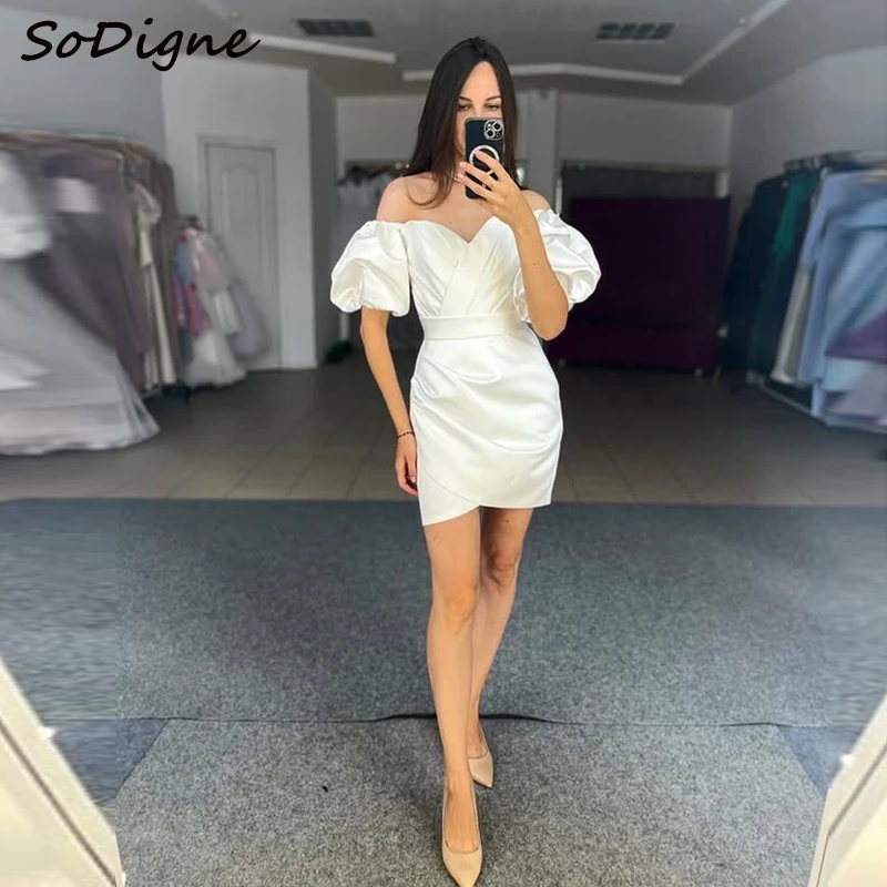 

SoDigne Mermaid Satin Short Wedding Dress Off Shoulder Short Sleeves Mini Bridal Gown Elegant Bride Dresses Customized ﻿