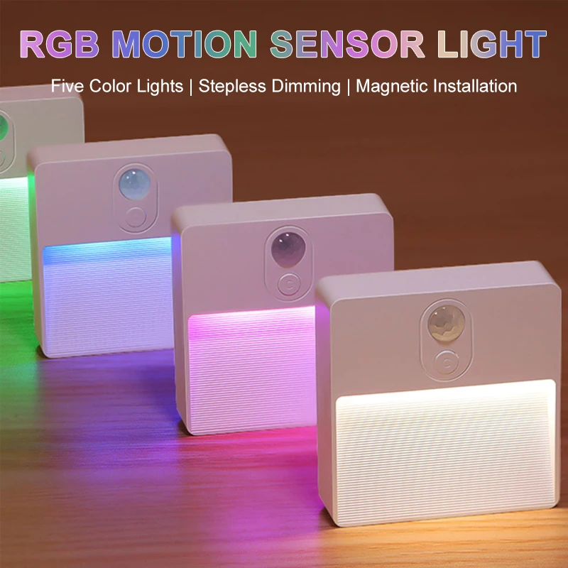 

5PCS/SET LED Night Light RGB Human Motion Sensor Lamp USB Rechargeable Emergency Automatic Wireless Lighting for Closet Bedroom