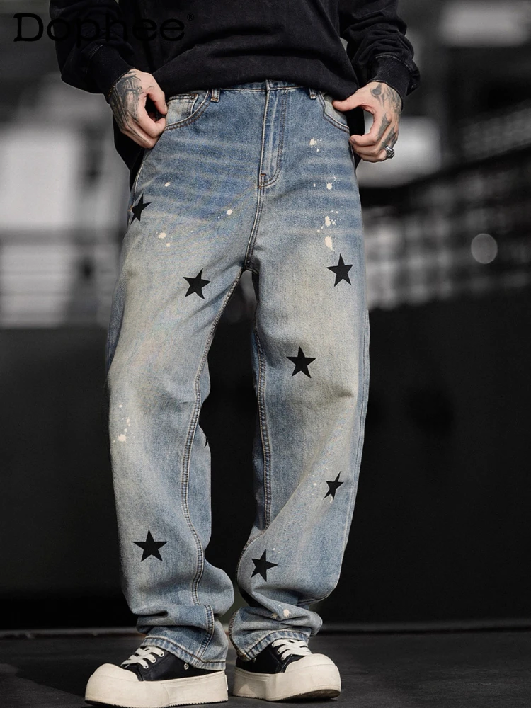 2025 الرجال الخريف جديد فضفاض الراحة شارع العليا ضوء الفاخرة شخصية مستقيم الدينيم السراويل طباعة نجمة خماسية شيك الجينز #1