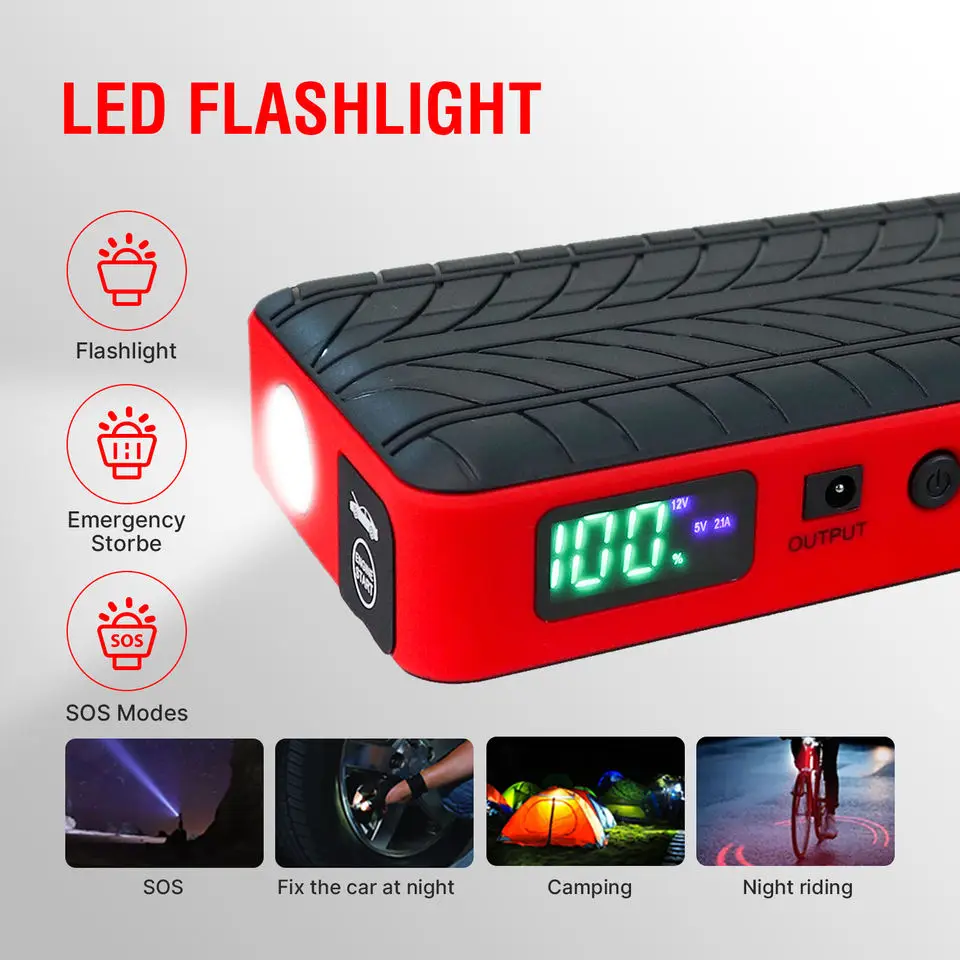 Three Charging Output 10400mAh Battery Power Bank for Phone Pad Small Fan 12V Emergency Booster Car Jump Starter with Led Light