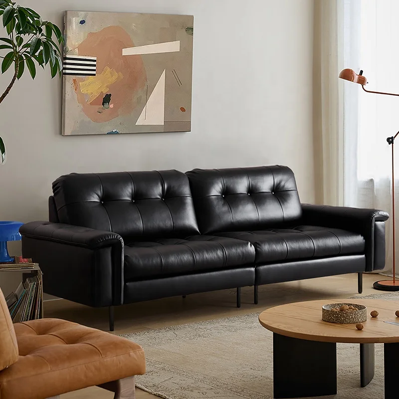 

# Italian Minimalist Luxury Black Genuine Leather Living Room Sofa Set 3-seater Modular Villa Apartment High-legged Sofa