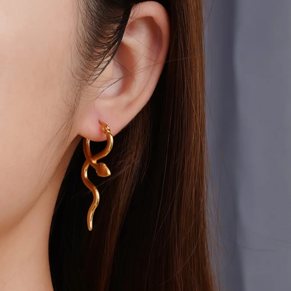 Stainless Steel Fashion Snake Hoop Earrings for Women Gold Color Hip Pop Light Luxury Ear Jewelry Party Gifts New Wholesale