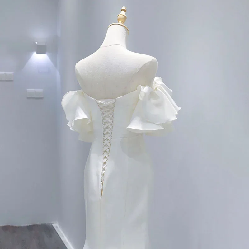 Sereia francesa sexy fora do ombro branco cetim arrastando vestidos de casamento para noiva tamanho grande luxo longo baile de formatura vestidos femininos