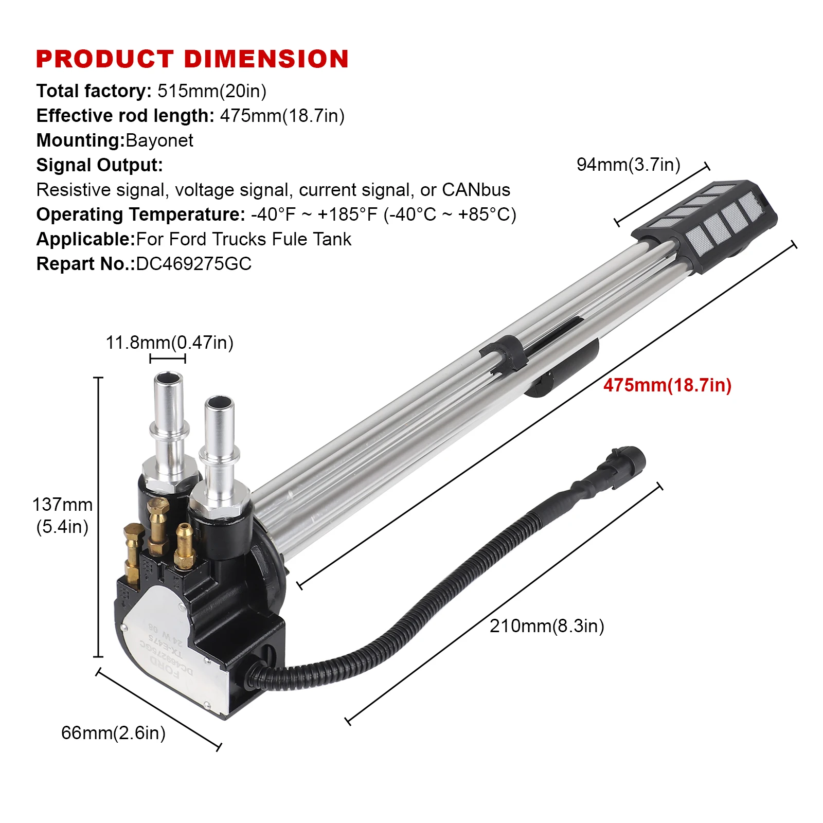 Fule Float DC469275GC  Aluminum Tube Length 475mm 2 Pin Fuel Tank Level Position Sensor  For Ford Trucks Fule Tank