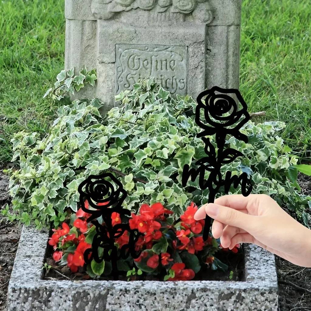 Metal Iron Rose Shaped Memorial Stake Grave Decoration, Outdoor Yard Tombstone Plaque Stake Marker Sympathy Garden Stake Grave