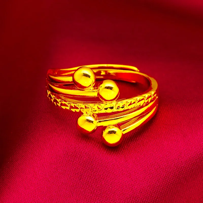 24K Gold AU999 Beaded Open Ring Women's - Polished bead edges, value-preserving, ideal for holiday gifting