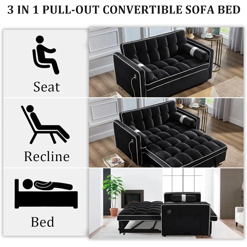 3 in 1 Pull Out Convertible Sofa Bed with USB Ports - 55