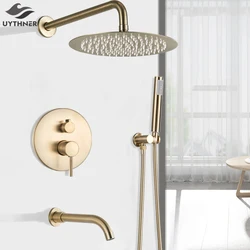 Brushed Gold Shower Faucet Wall Mount Big Rainfall Head Hand Sprayer Bathtub Taps Bath Shower Mixer Set System