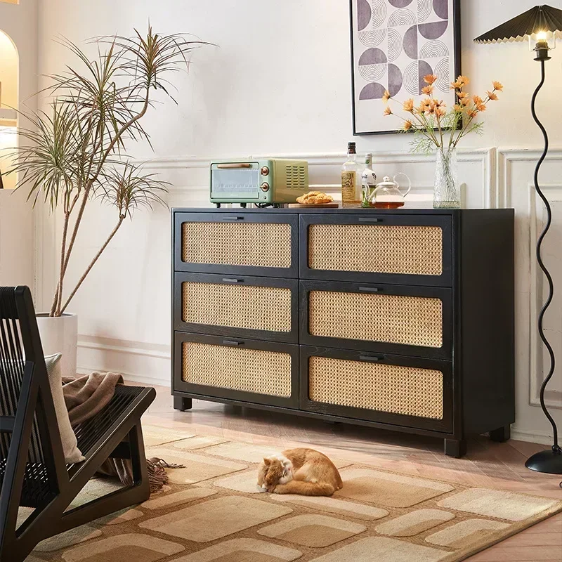 Ash Wood Rattan Chest Cabinet French Simple Black Bedroom Small Apartment Solid Wood Household Six-bucket Drawer Storage Cabinet