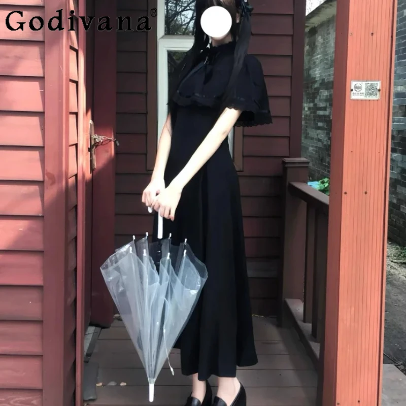 

New Spring Summer Personalized Girl Dark Gothic Halloween Lolita Japanese Gothic Retro Black High Waist A-line Cape Dresses
