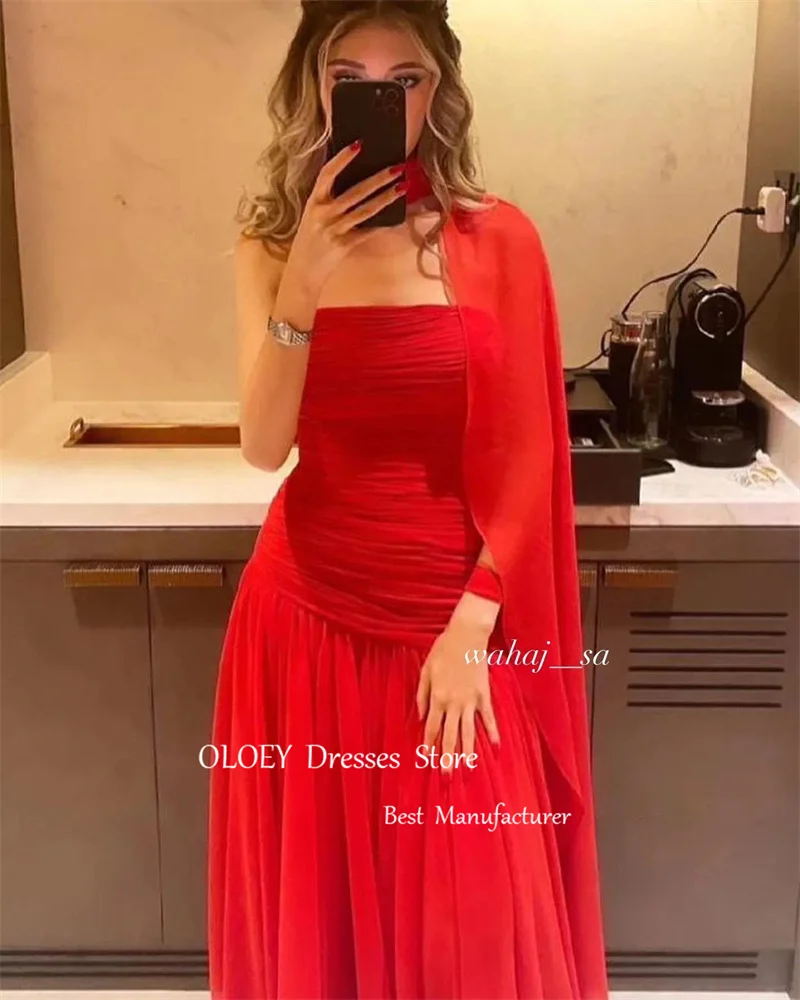 OLOEY-Robe de Soirée en Mousseline de Soie Rouge, Tenue de Bal Simple, Sans Bretelles, Style Arabie Saoudite, Longueur au Sol, pour Occasions Formelles Personnalisées