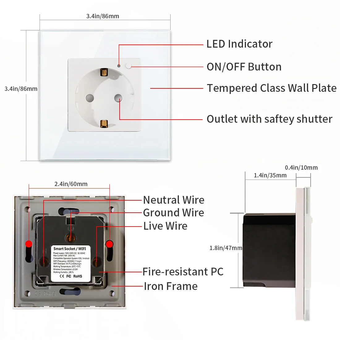 Smart Wifi Socket EU Standard Smart Wall Socket 16A 100V-240V White Black Gloden Crystal Glass Panel For Smart Home