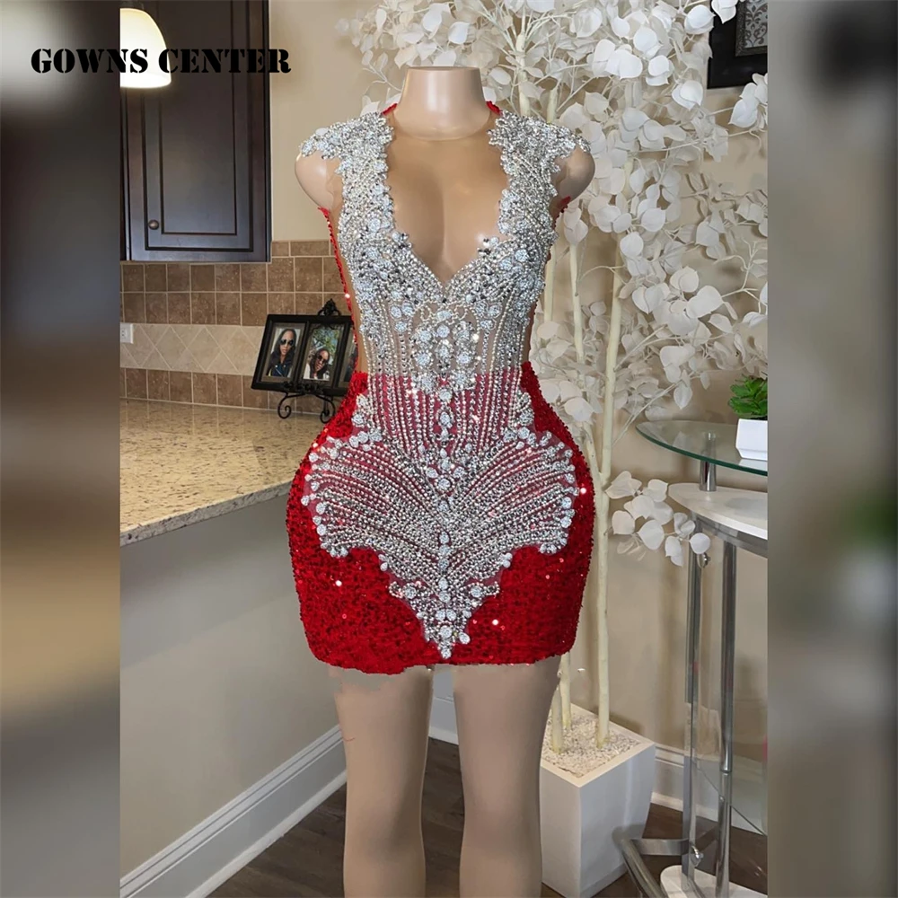 Vestidos de graduación cortos de sirena con lentejuelas rojas para niñas negras, Mini vestido de cóctel con cuentas de cristal plateado, vestidos de fiesta de cumpleaños de lujo