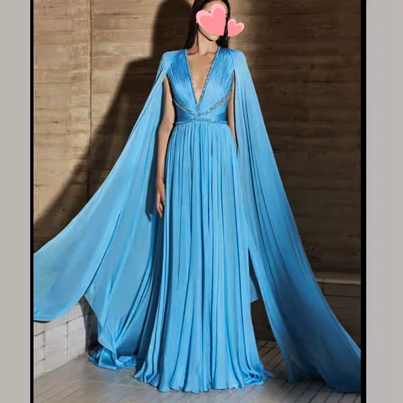 

Oisslec Prom Dress Elegant Vintage Sweet Blue Beads V-Neck New Stylish Customized Formal Occasion Prom Dress Evening Party Gowns