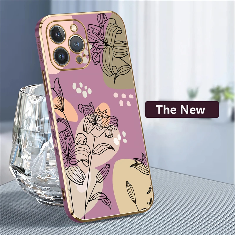 Plating Lens Protection Phone Case For iPhone 14 13 Pro Max 12 11 MiNi XR XS X 7 8 plus SE Silicone Flower Shockproof Back Cover