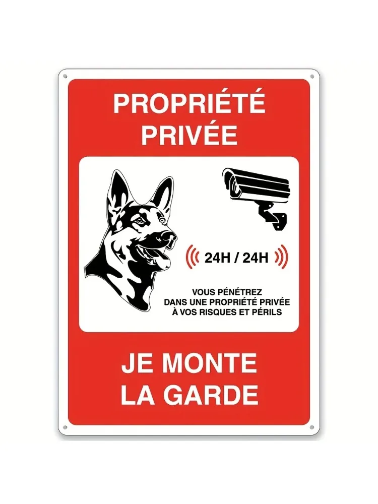 Panneau en métal aluminium « Propriété privée sous vidéosurveillance 24h/24 et 7j/7 » Signalisation d'avertissement en langue française avec graphique de chien - Nous