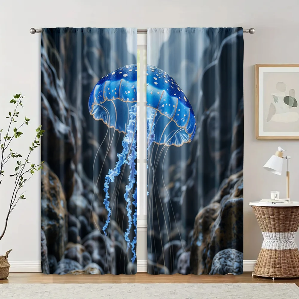 2pcs, Minimalist Curtains Modern Jelly fish Versatile Polyester Fabric (without rod) Decorations Outdoor Use for Living Room,