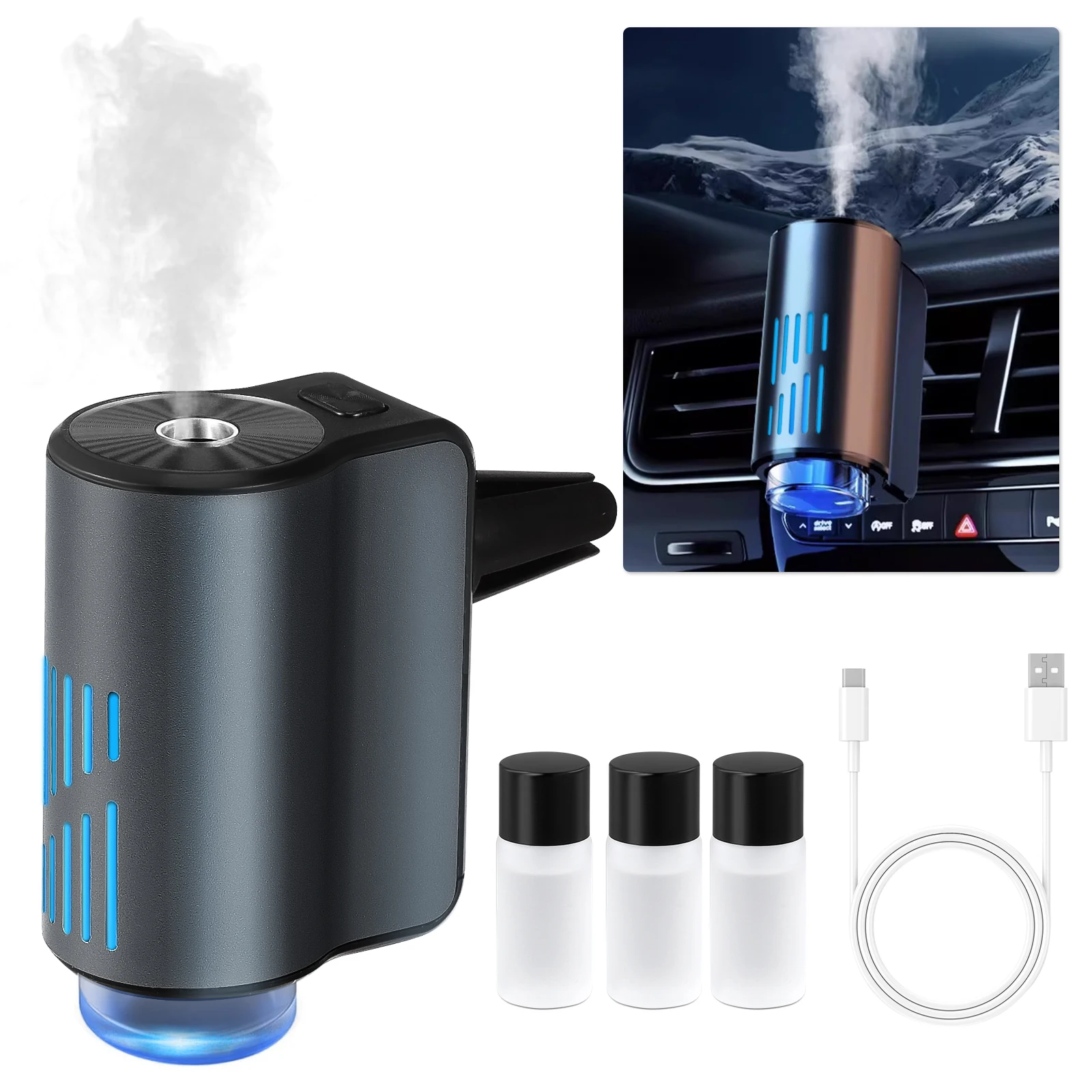 Diffuseur d'air intelligent rechargeable pour voiture, aromathérapie avec 3 niveaux réglables, ensemble avec huile essentielle
