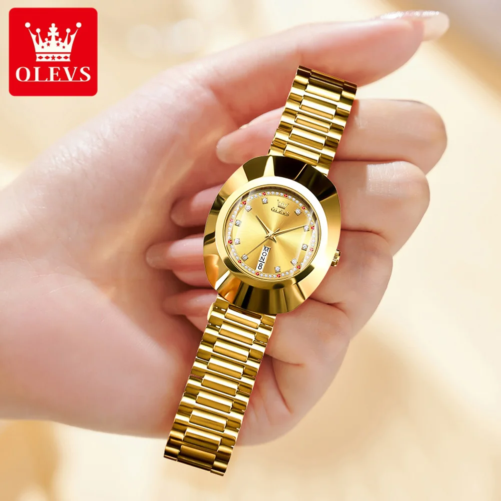 OLEVS New Luxury Golden Watch for Women Tungsten Steel Case Waterproof Wristwatch Diamond Scale Top Original Quartz Ladies Watch