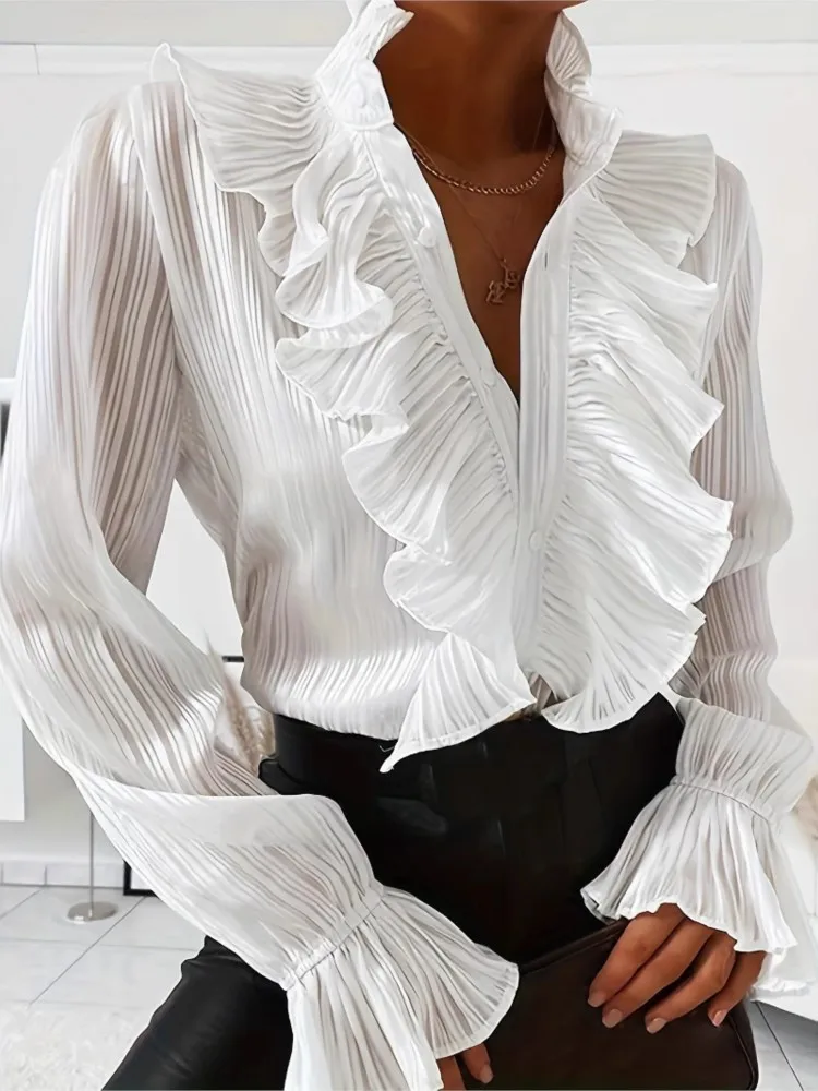 

Fashion White Ruffles Shirt Top For Women Casual Office Long Sleeve V Neck Button Shirts Tops Lady Elegant Holiday Clothes New