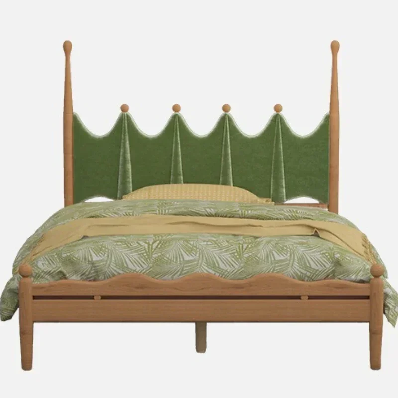 Solid wood North American cherry wood children's bed, Nordic velvet fabric soft bag bed, youth bedroom college bed