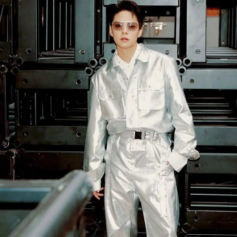 Silver Metal Hip Hop costume Set Rap Cool Stage Street Dance Black Gold Performance Dress Jumpsuits Nightclub performance dress