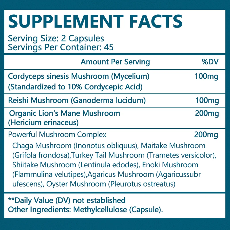 Mushroom Supplement Capsule - Lions Mane Shiitake Cordyceps - Benefit Brain & Memory Immune Gain Energy Support Mood and Stress