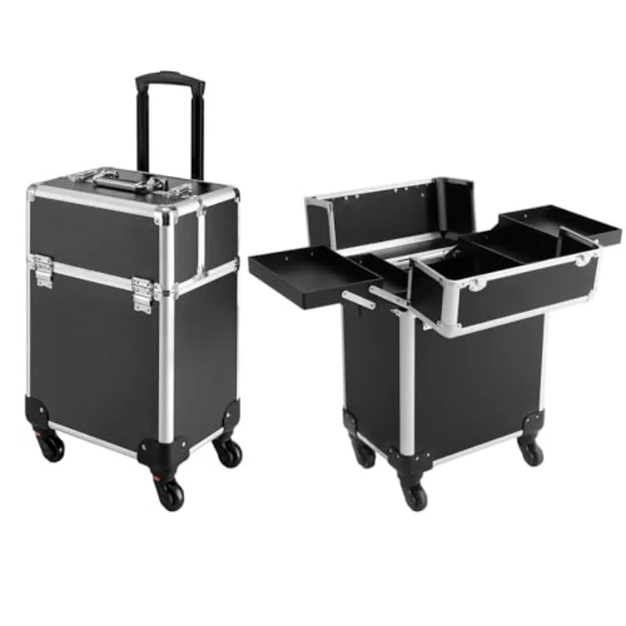 Professional Makeup Train Case Aluminum Cosmetic Case with Silent Wheels 4 Folded Tray Retractable Pull Rod 13.2Lbs Capacity Ro