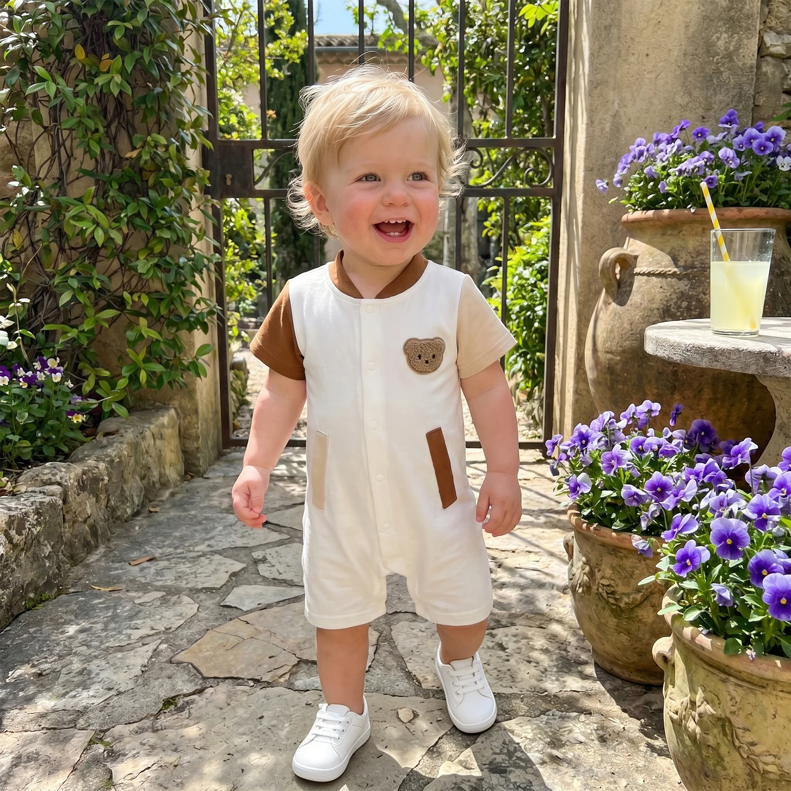 Baby Boy Summer Romper Bear Embroidered Contrast Short Sleeved Button-up Collar Jumpsuit Baby Cotton Playsuits