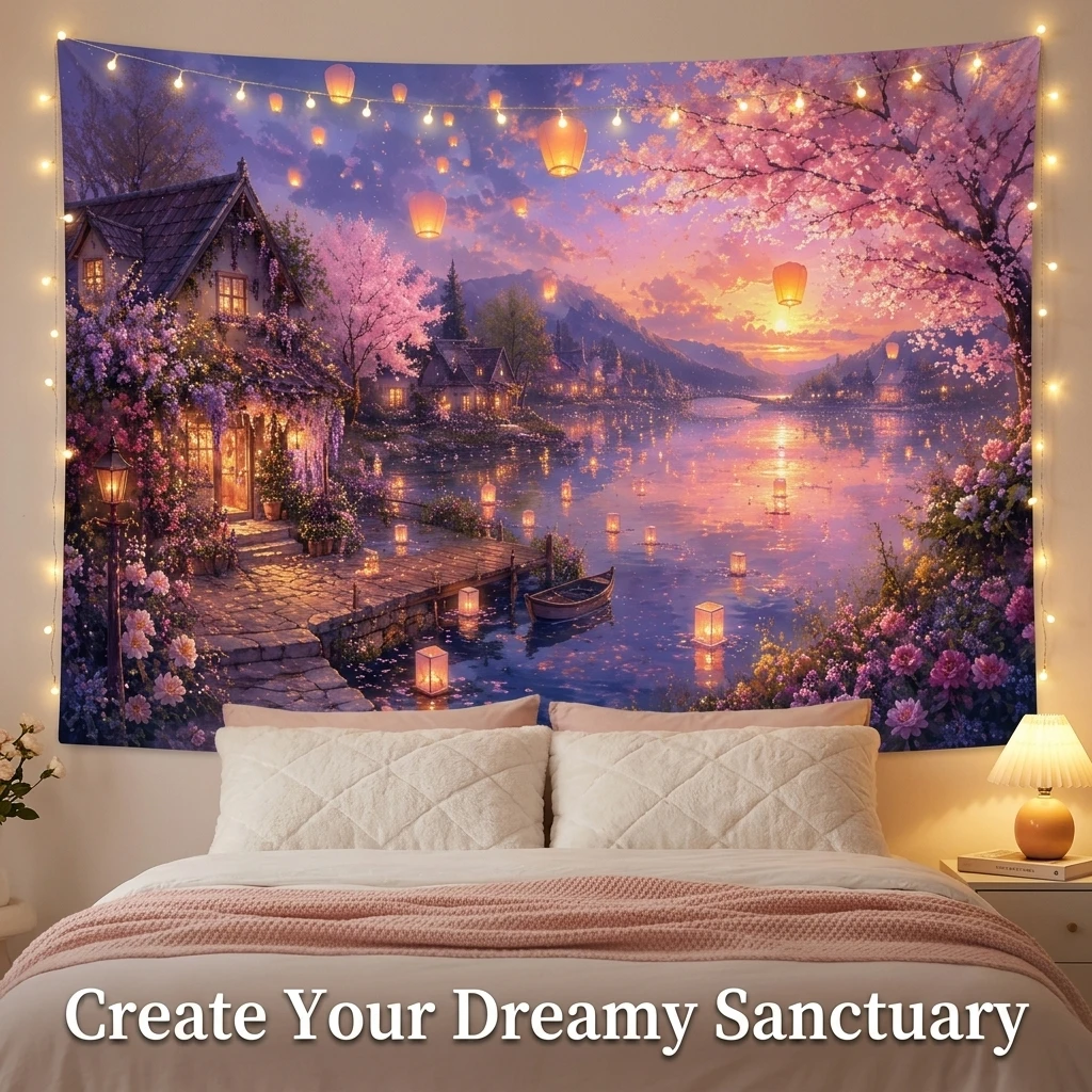 Vintage Romantic Tapestry Wall Hanging Cherry Blossom Lanterns Watercolor Floral Art Sunset Scene Asian Style Home Decor Polyest