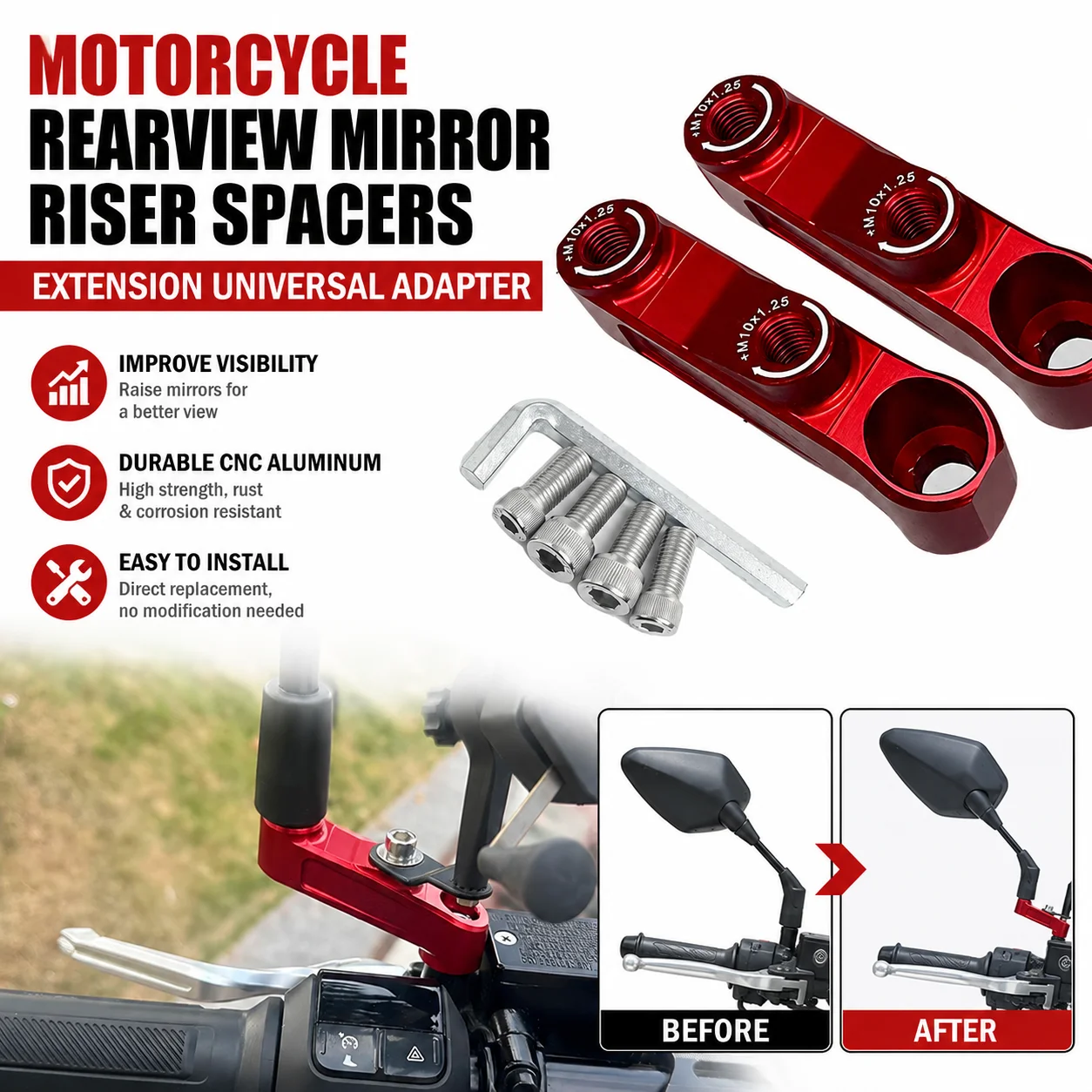 Motorcycle Rearview Mirror Riser Spacers Extension Universal Adapter For Honda Kawasaki Suzuki Yamaha Bmw KTM Ducati Aprilia --