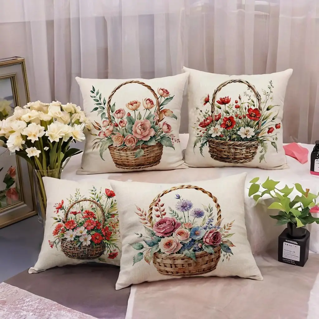 

4 упаковки наволочек с розовым цветком, открытый сад с винтажной цветочным дизайном корзины, наволочки для подушек, деревенский красочный весенний дом