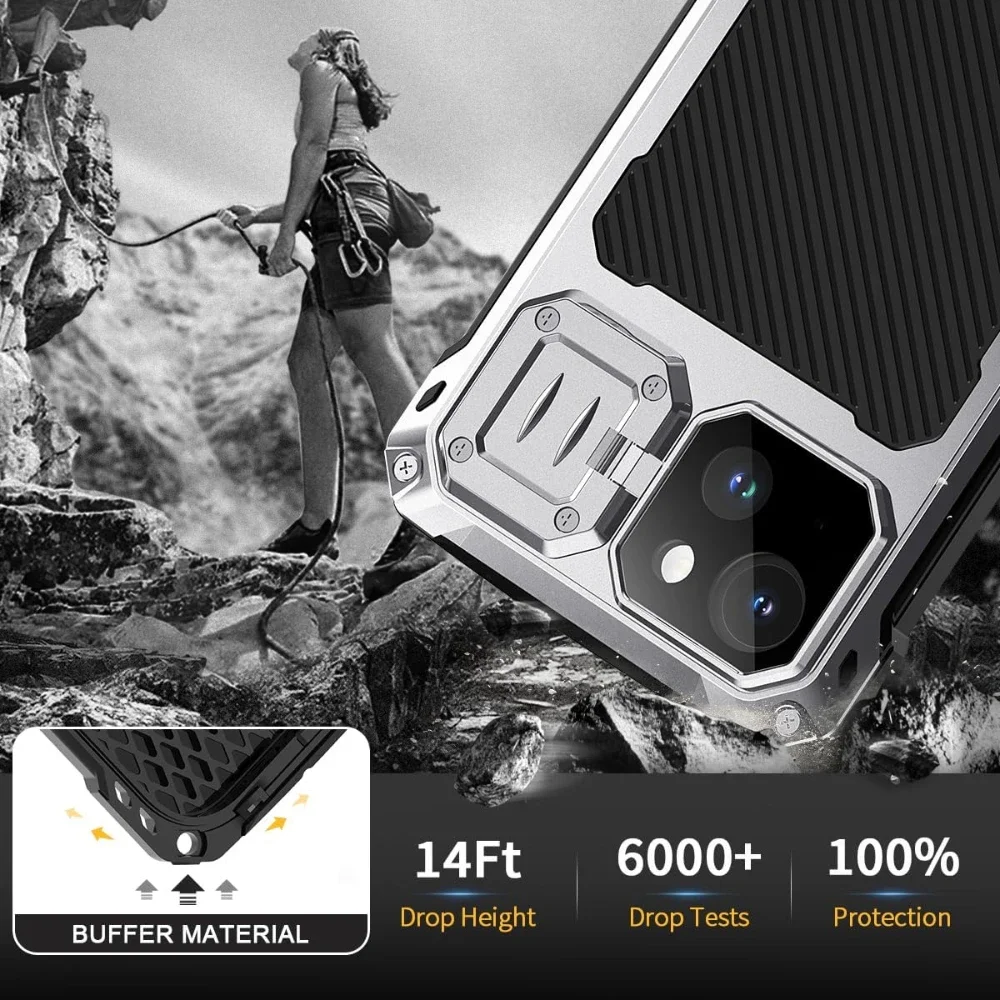 For iPhone 14 Pro Max Heavy Duty Shockproof Metal Magnetic Case With Camera Kickstand Glass Screen Protector Magsafe Charging