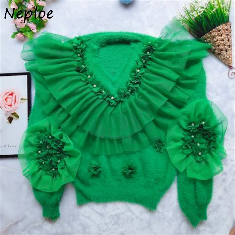 Neploe O Neck Beading Mesh Patchwork Flower Sweater Y2k Solid Color Long Sleeve Pull Femme Vintage Knitted Pullover Jumpers